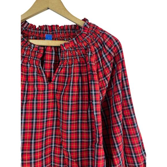 Old Navy Blouse Top Red Plaid Tartan Check Womens Smocked Christmas Preppy L New - Picture 7 of 16